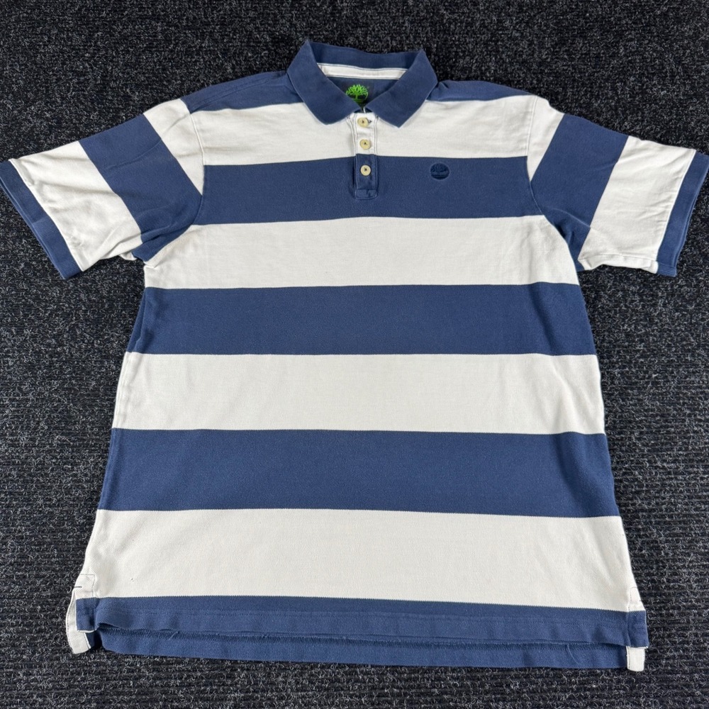 Timberland Mens XL Blue White Striped Short Sleeve Cotton Blend Polo Shirt
